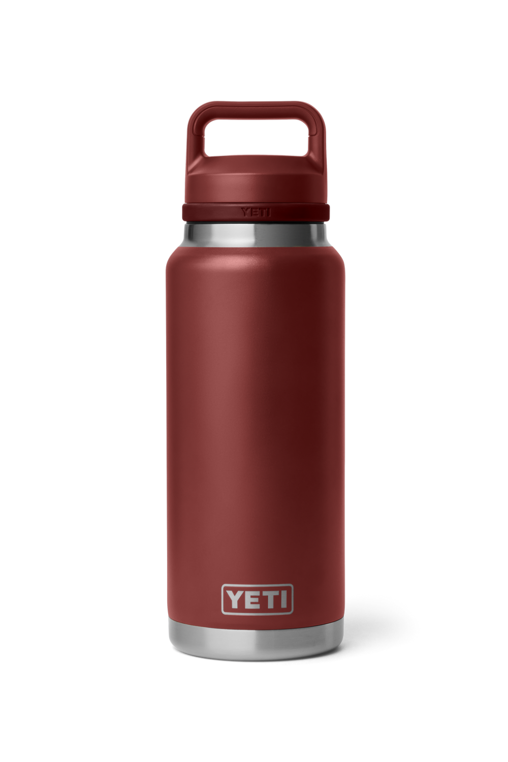 A YETI Rambler water bottle in a matte dark red color with stainless steel accents at the neck and base, featuring a matching dark red carrying loop lid on a clean white background.