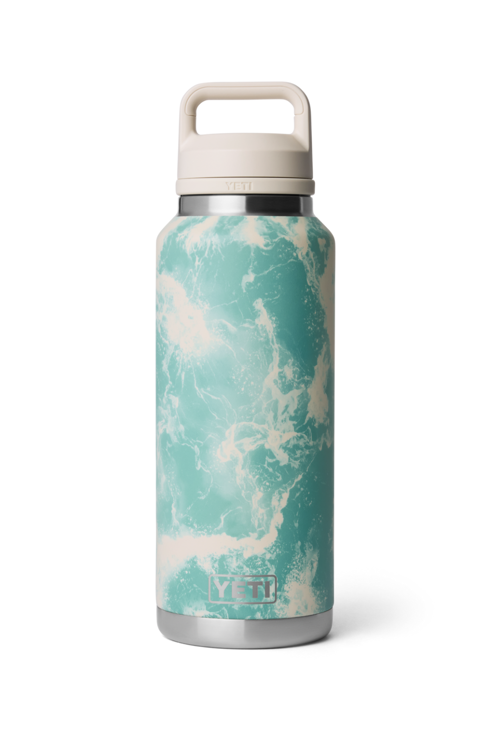 Marble-patterned water bottle with a white cap on a white background