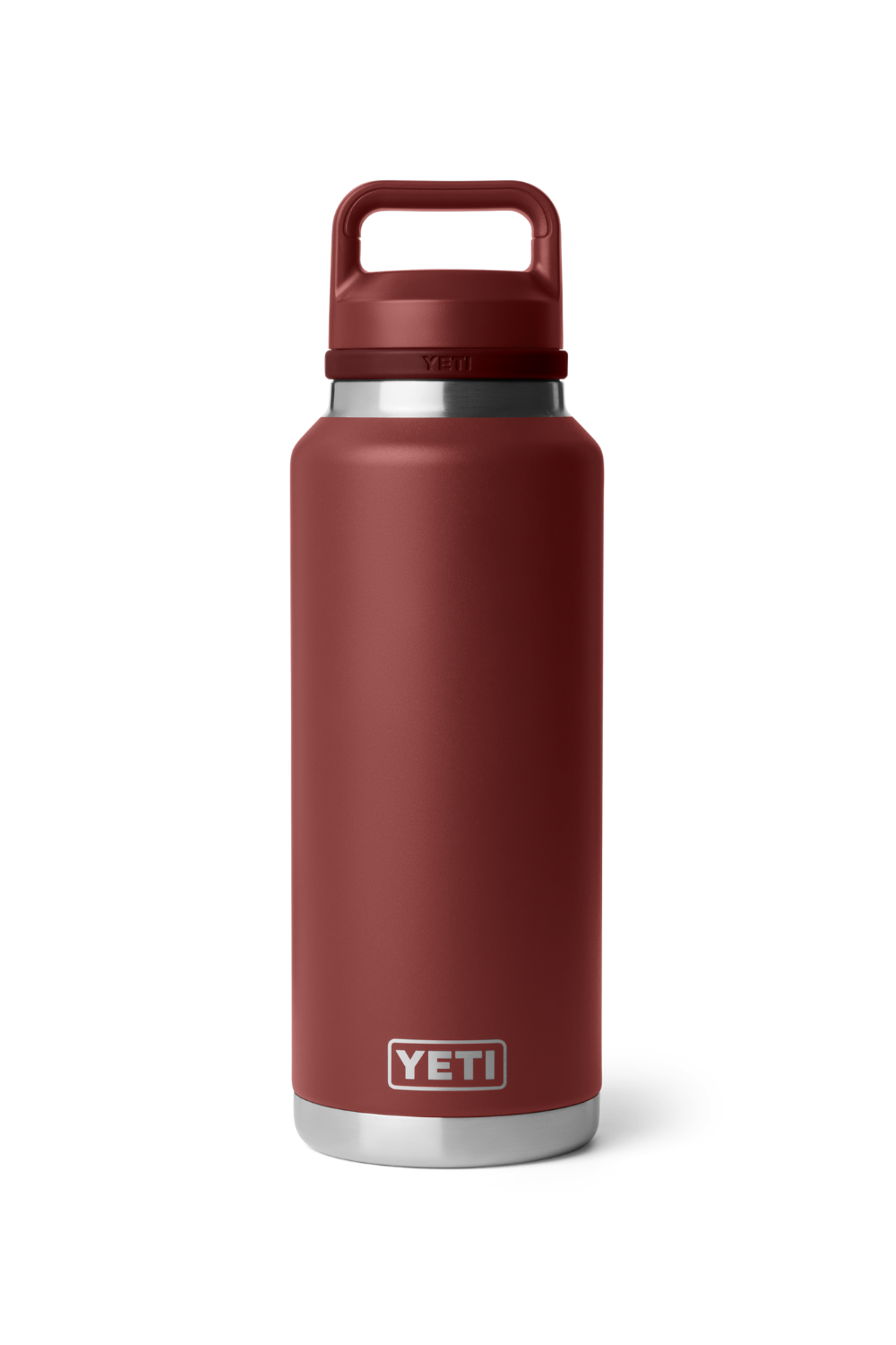 A YETI insulated water bottle in a matte dark red color with a matching dark red lid and handle, featuring a silver stainless steel base and collar, on a clean white background.