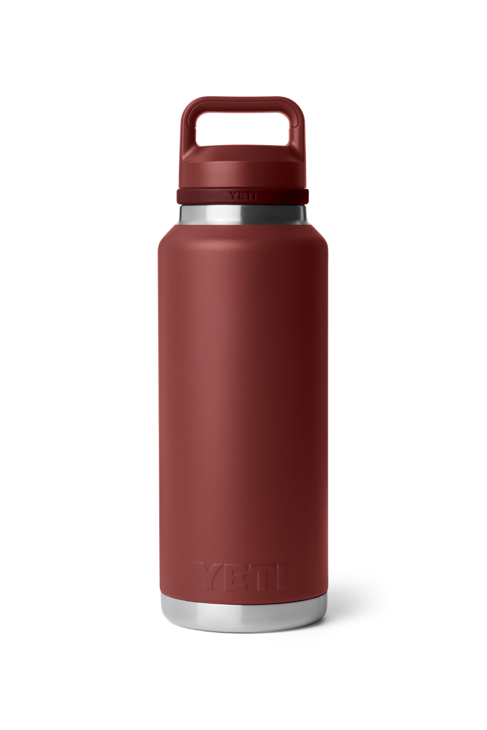 A Yeti water bottle in a matte dark red color with a matching red lid and handle, featuring silver stainless steel accents at the neck and base, on a clean white background.