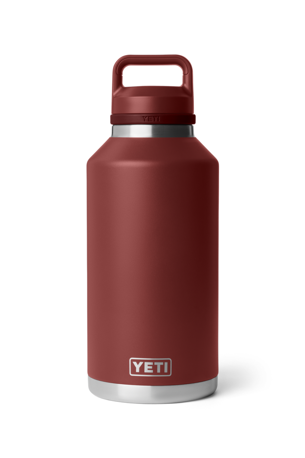 A YETI Rambler water bottle in matte burgundy with a stainless steel base and a matching burgundy lid with a carry handle, shown on a clean white background.
