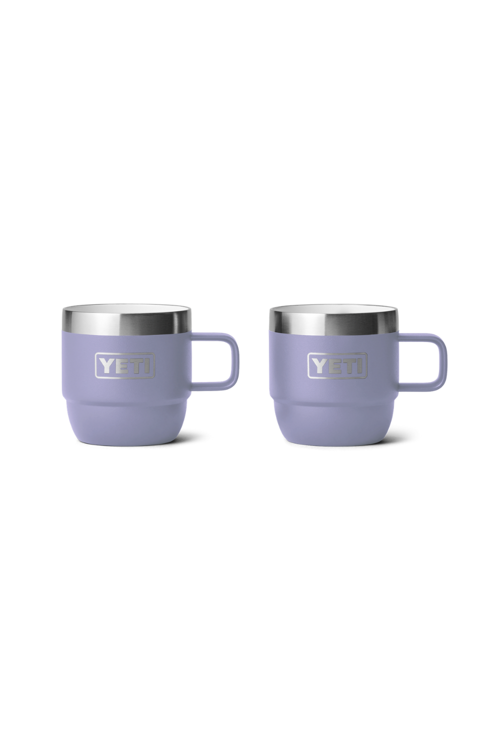 Two lavender Yeti espresso mugs with handles and visible Yeti branding on a white background