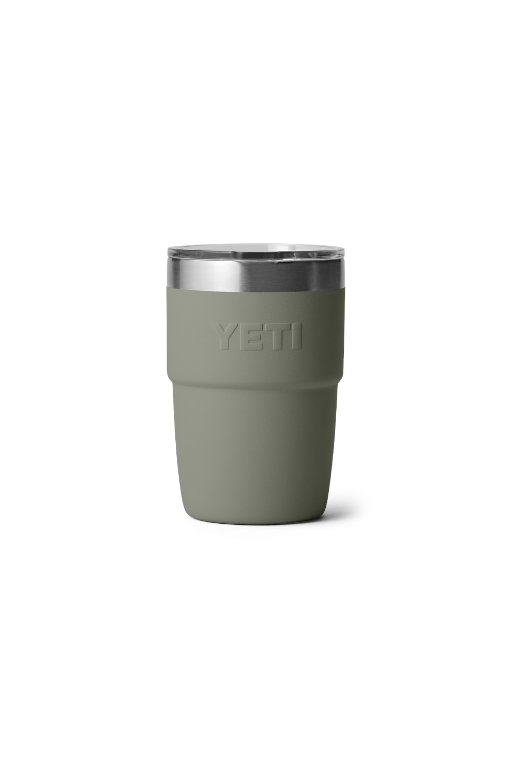 A YETI insulated travel tumbler in pampa green with a brushed stainless steel rim and lid, shown on a clean white background.