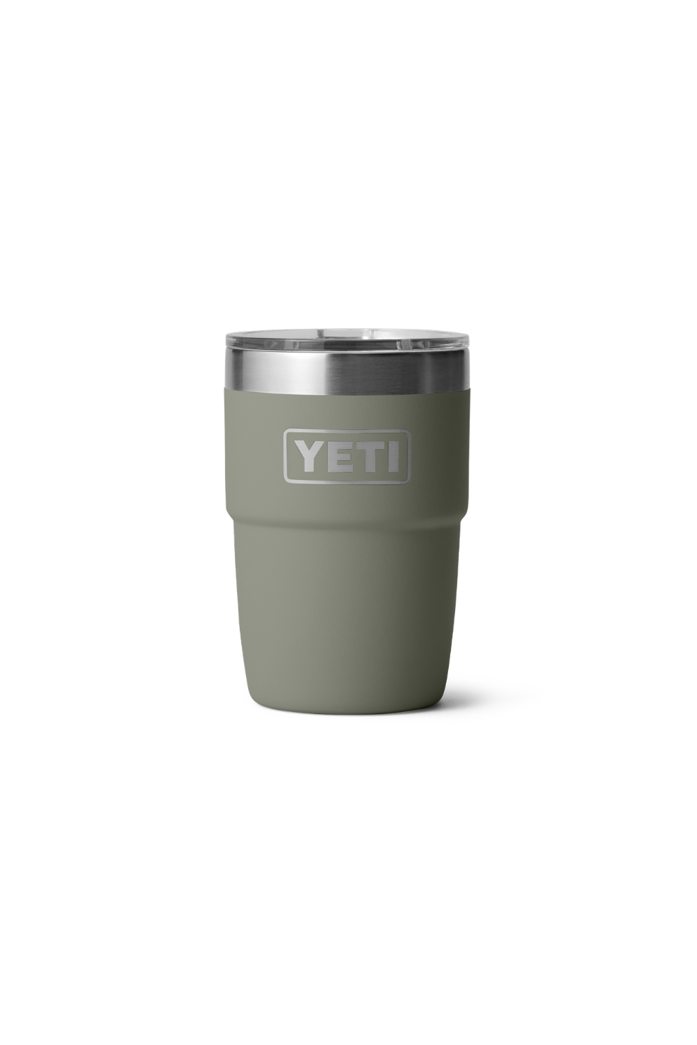 A YETI insulated travel tumbler in pampa green with a stainless steel rim and a clear lid, shown on a plain white background.