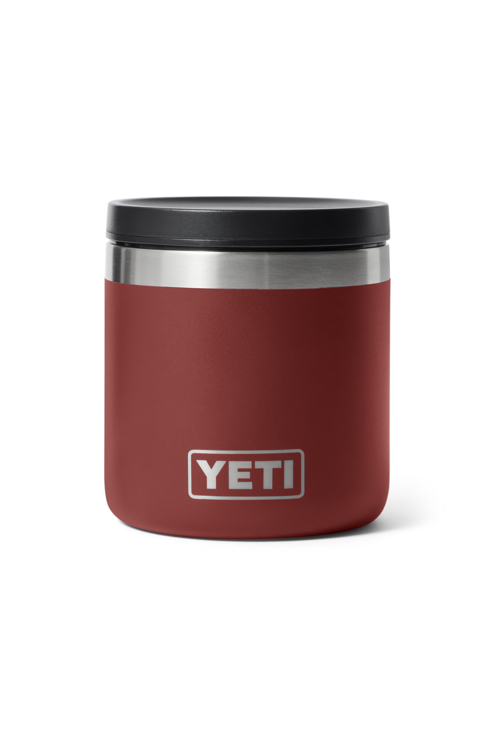 A YETI insulated can cooler in matte burgundy with a black lid and a silver stainless steel band near the top, featuring the YETI logo on the front.