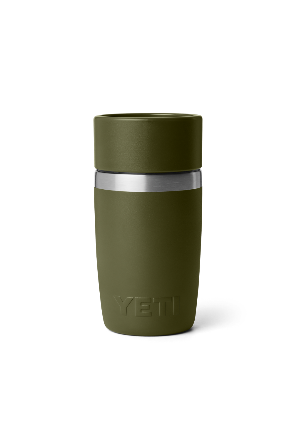 An olive green YETI travel tumbler with a matching lid and a silver metallic band, shown on a clean white background.