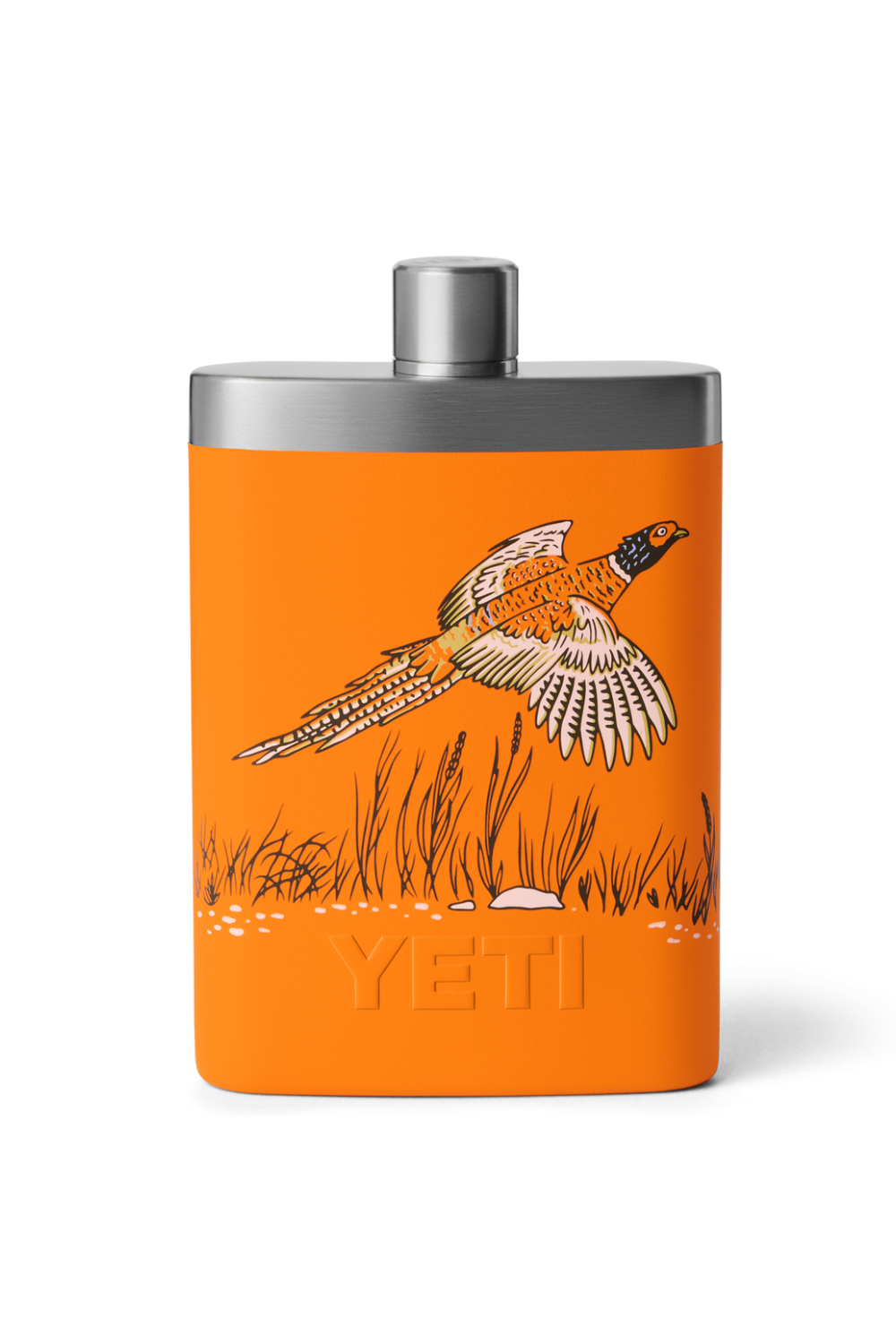 An orange YETI flask with a silver metal lid and cap, featuring an illustration of a flying wild turkey and the word 'YETI' embossed near the bottom.