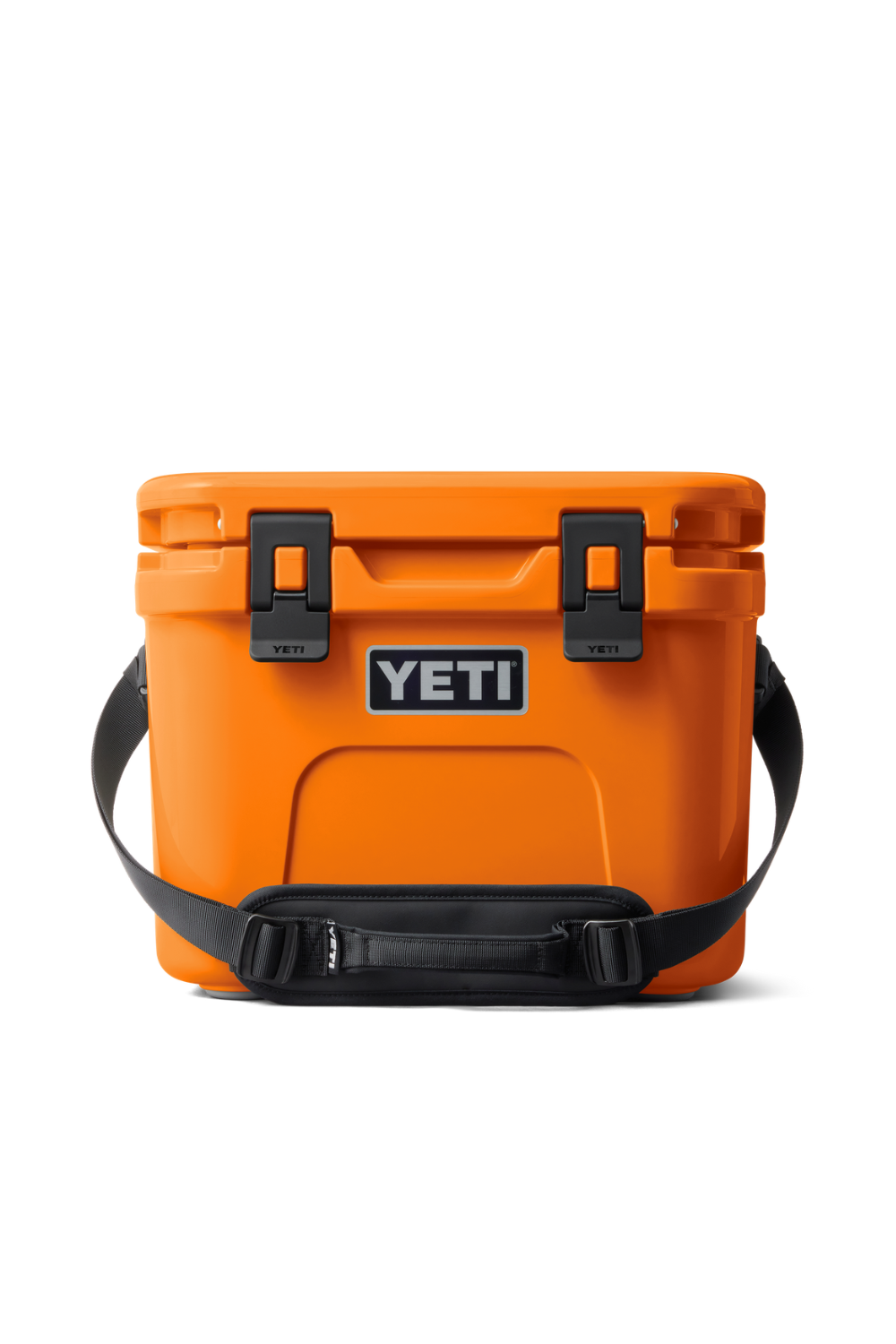 An orange YETI cooler bag with black latches, a black shoulder strap, and the YETI logo on the front, shown against a plain white background.