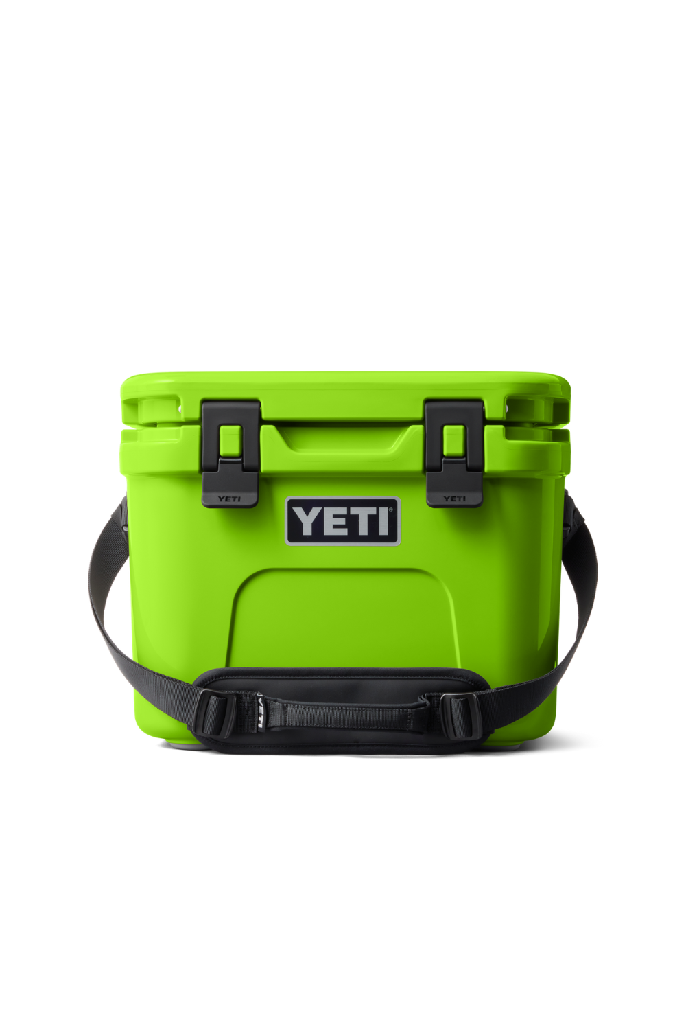 Green YETI cooler with black straps on a white background