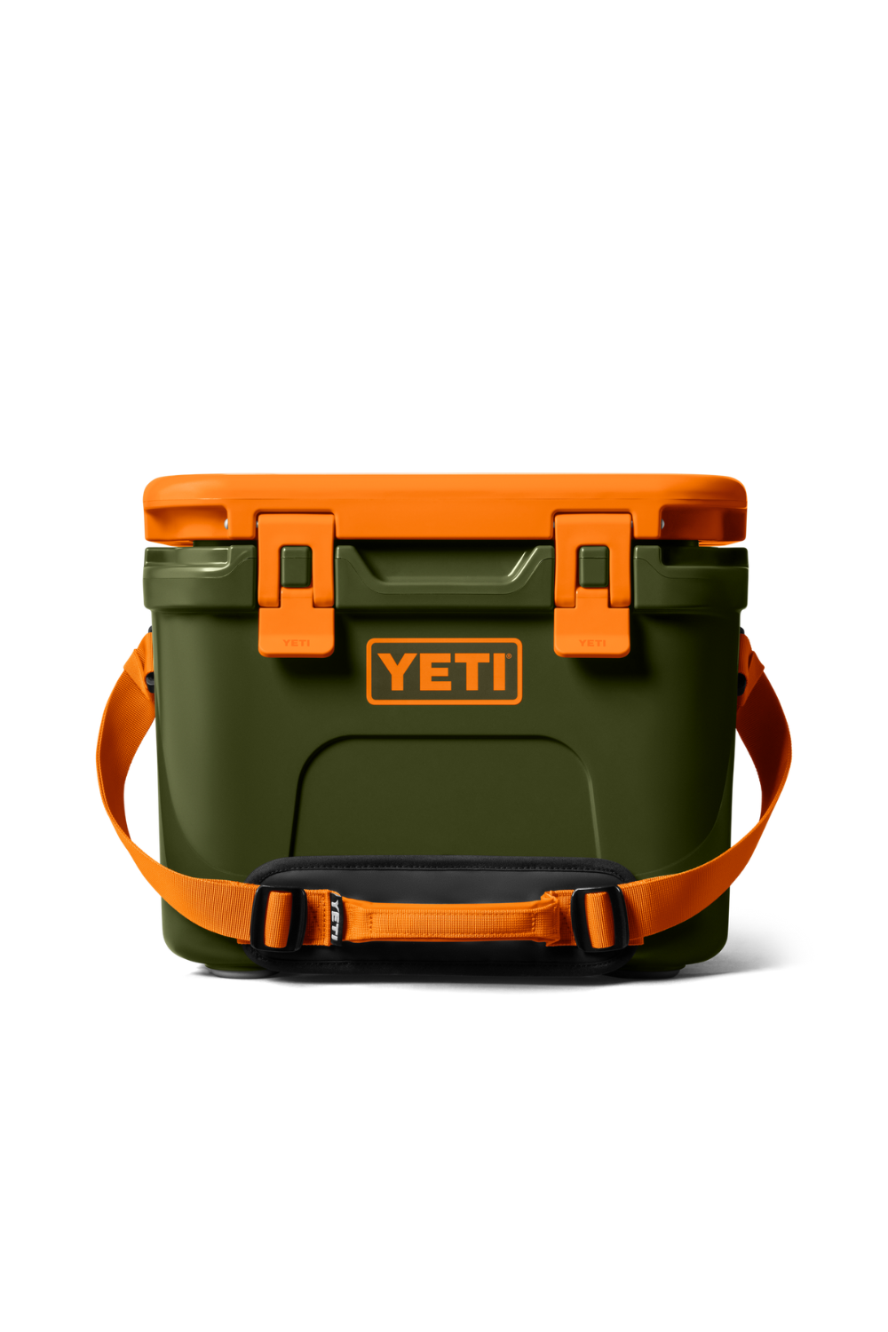 A YETI cooler in dark green with bright orange accents, including the lid, latches, handle, and trim, shown on a clean white background.