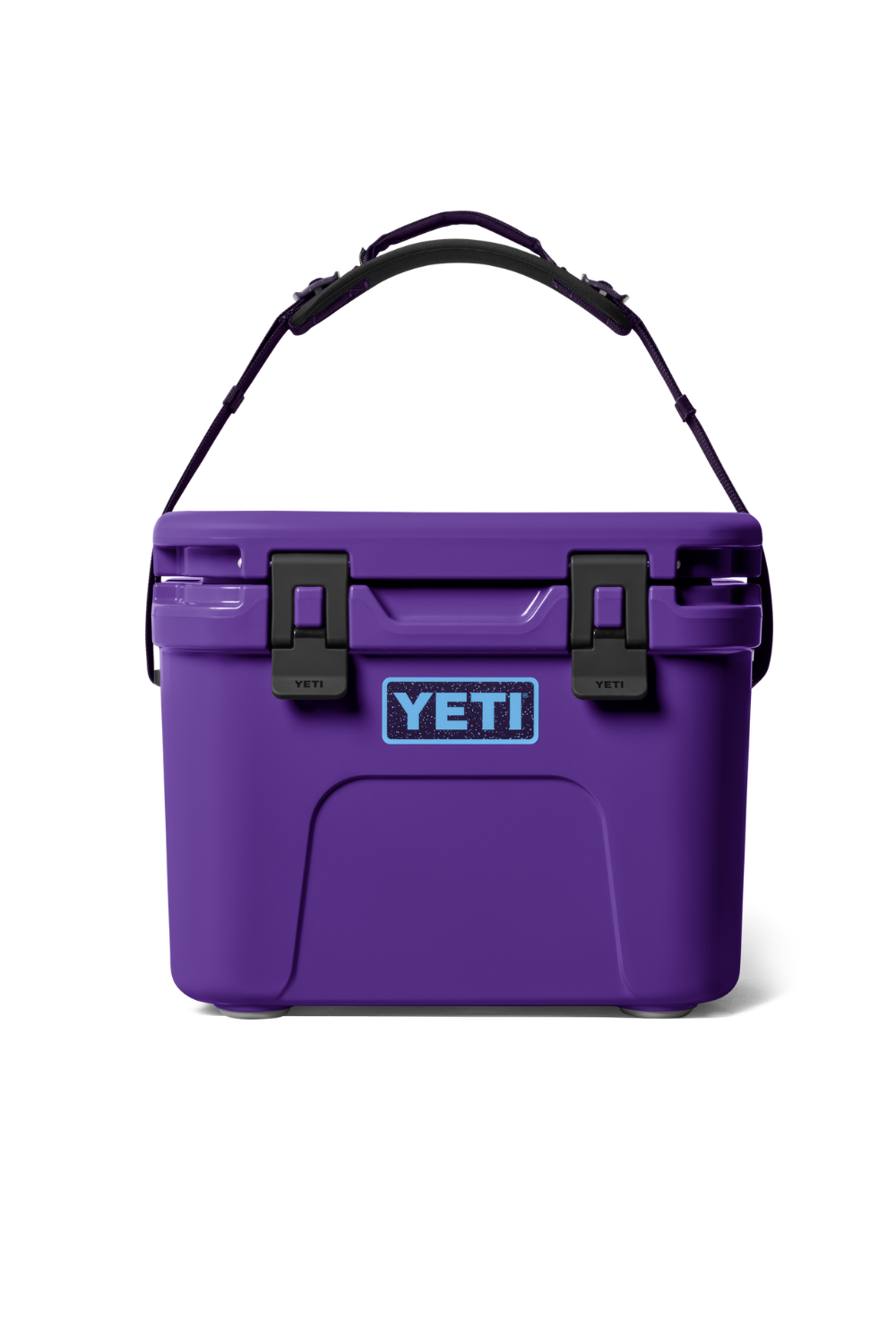 A purple YETI cooler with black latches and a black carrying handle, shown against a plain white background.