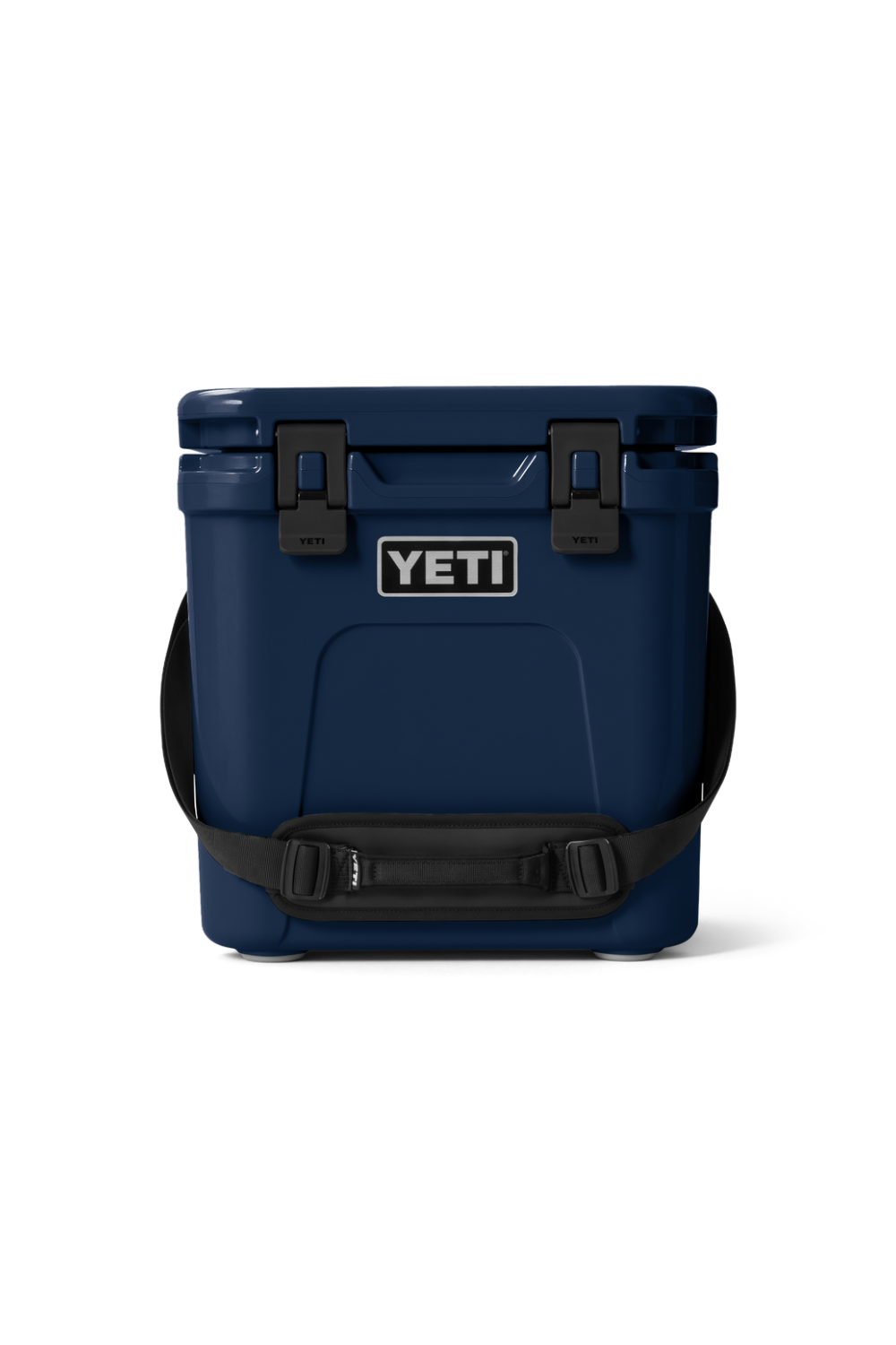 Yeti cool box in navy with black straps on a white background