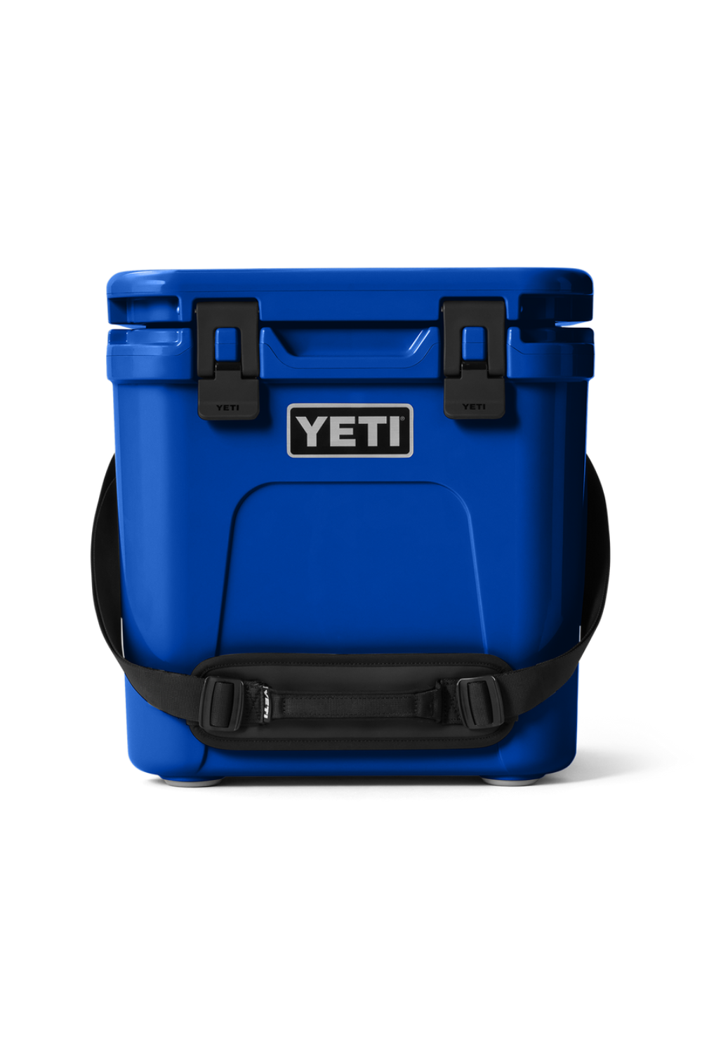 A blue YETI cooler bag with black handles and a black shoulder strap, shown from the back against a white background.