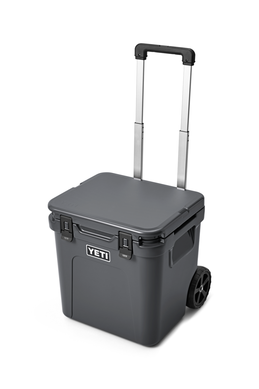 Gray Yeti cooler with wheels and handle on a white background