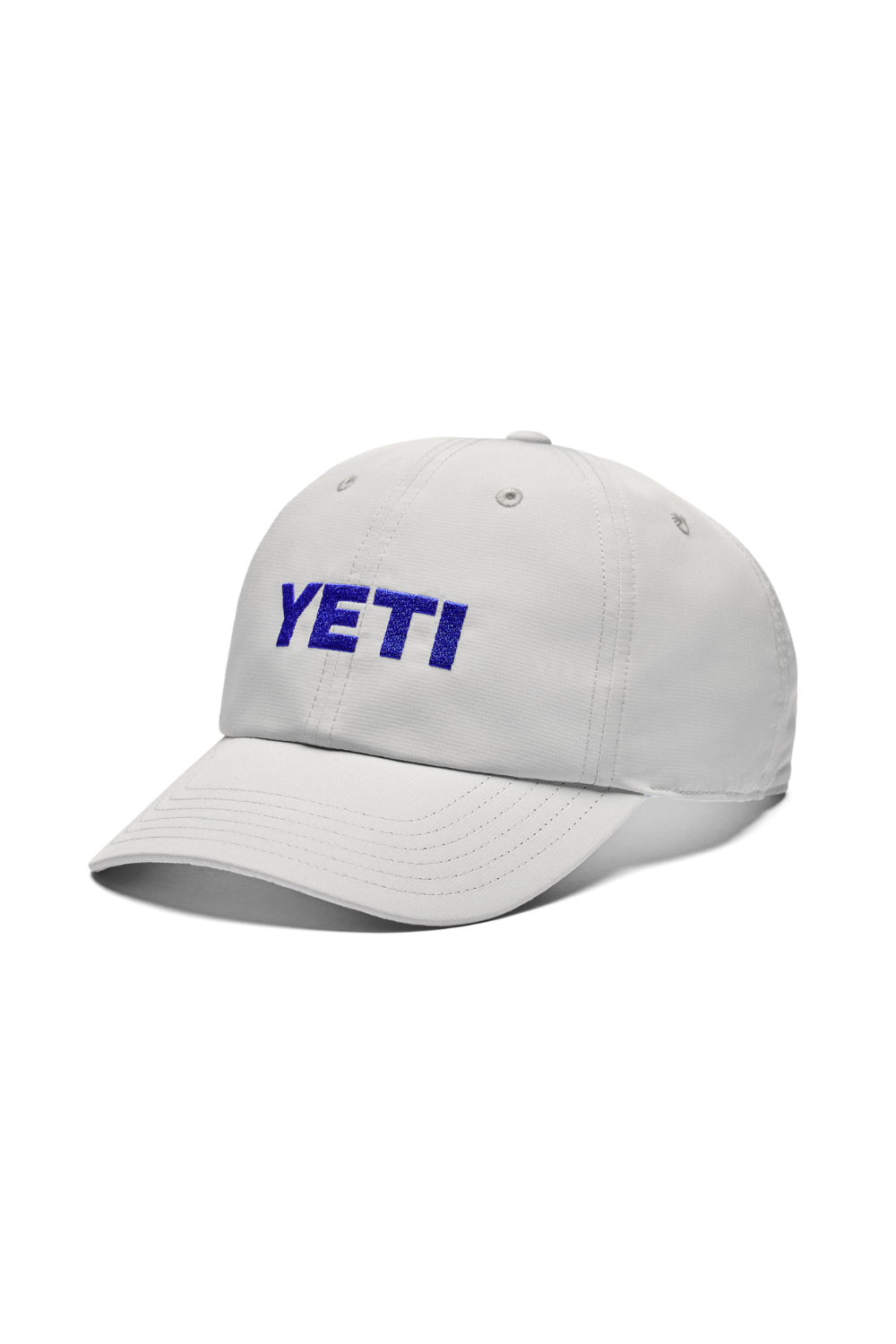 A white baseball cap with the word 'YETI' embroidered in blue on the front, shown against a plain white background.