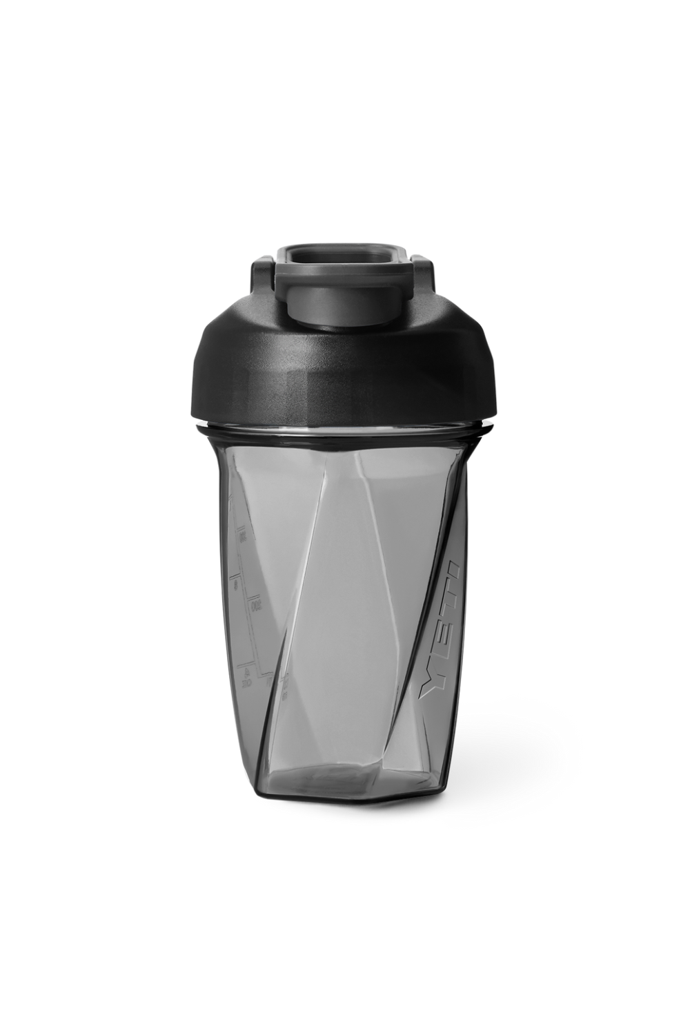 Black and transparent geometric-patterned shaker bottle on a white background