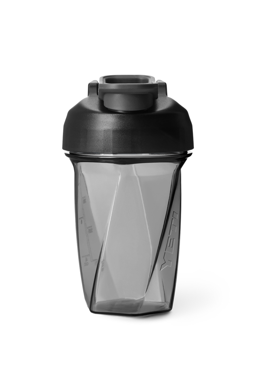 Black and transparent Yeti shaker bottle on a white background