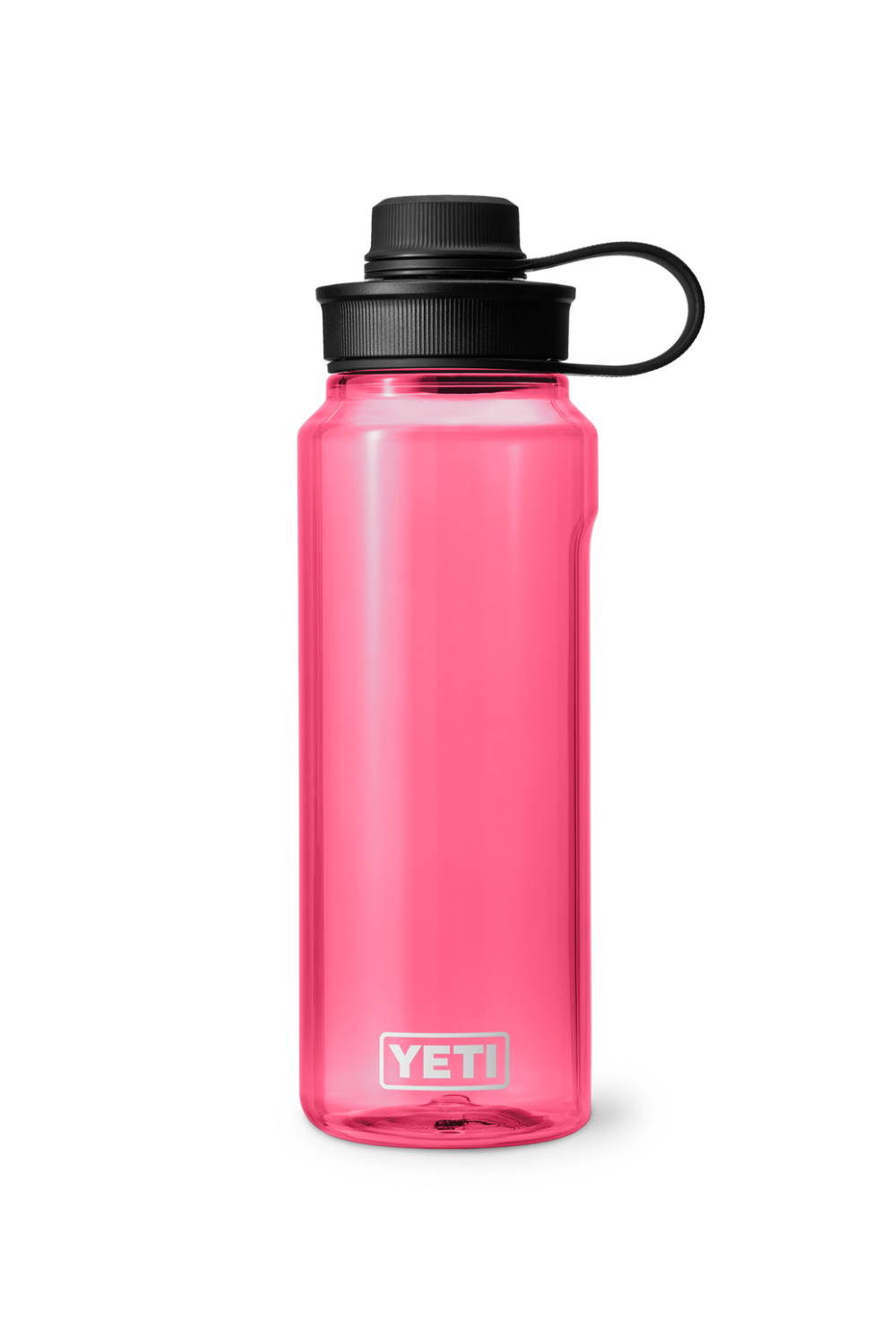 Pink YETI water bottle with black lid on a white background