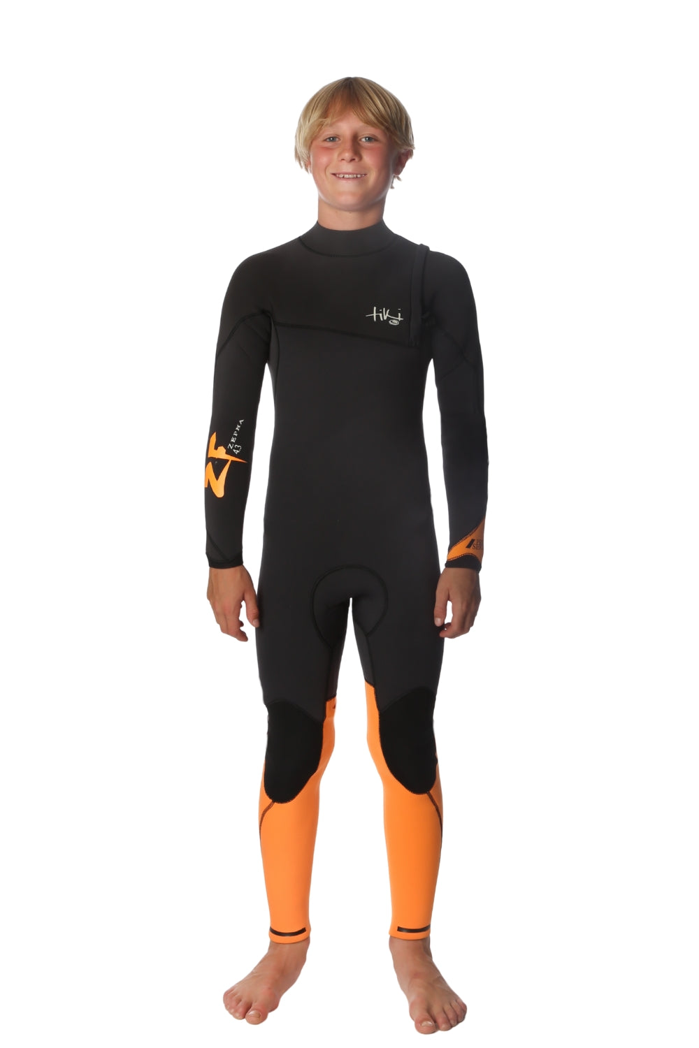 Tiki Youth Zepha 4/3 Wetsuit GBS Zip Free Steamer - Graphite/Orange
