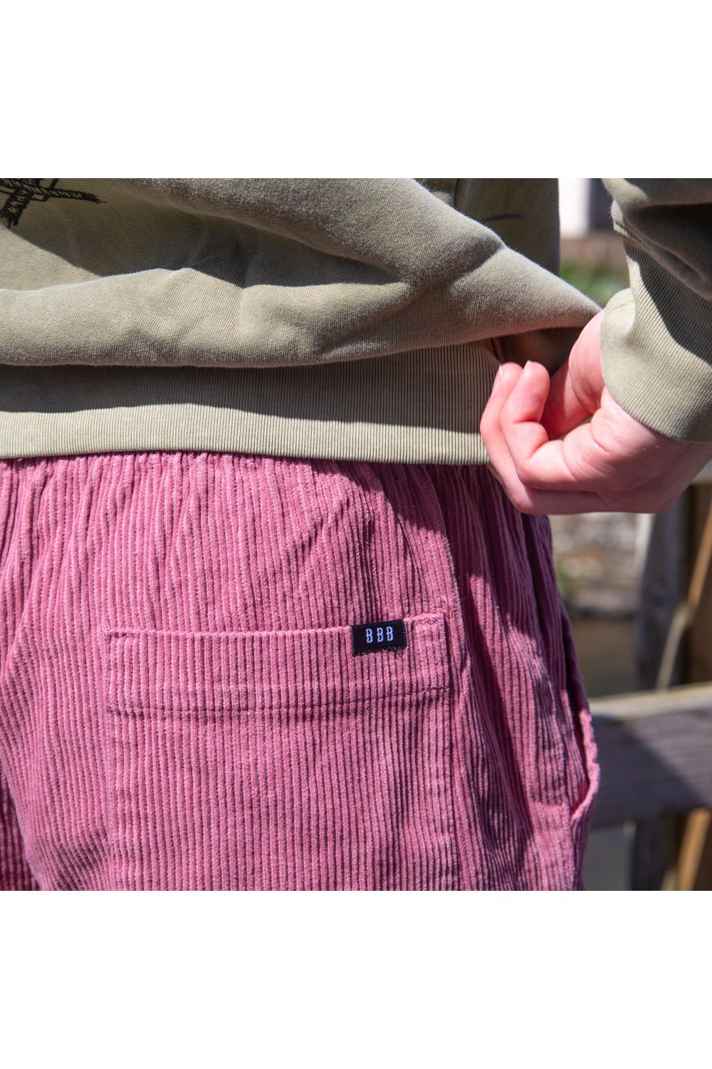 Bamboobay cord shorts in lilac back pocket close up 