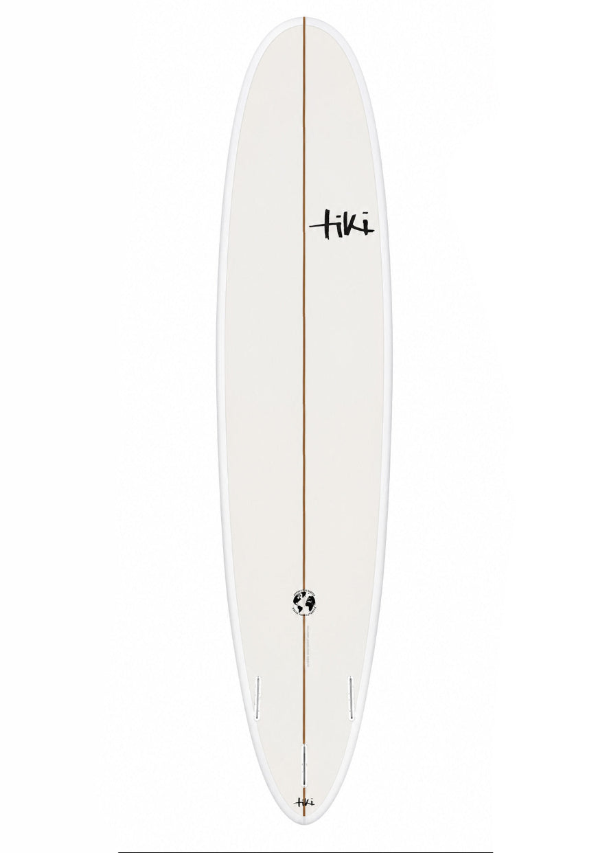 White surfboard with a black logo on a white background
