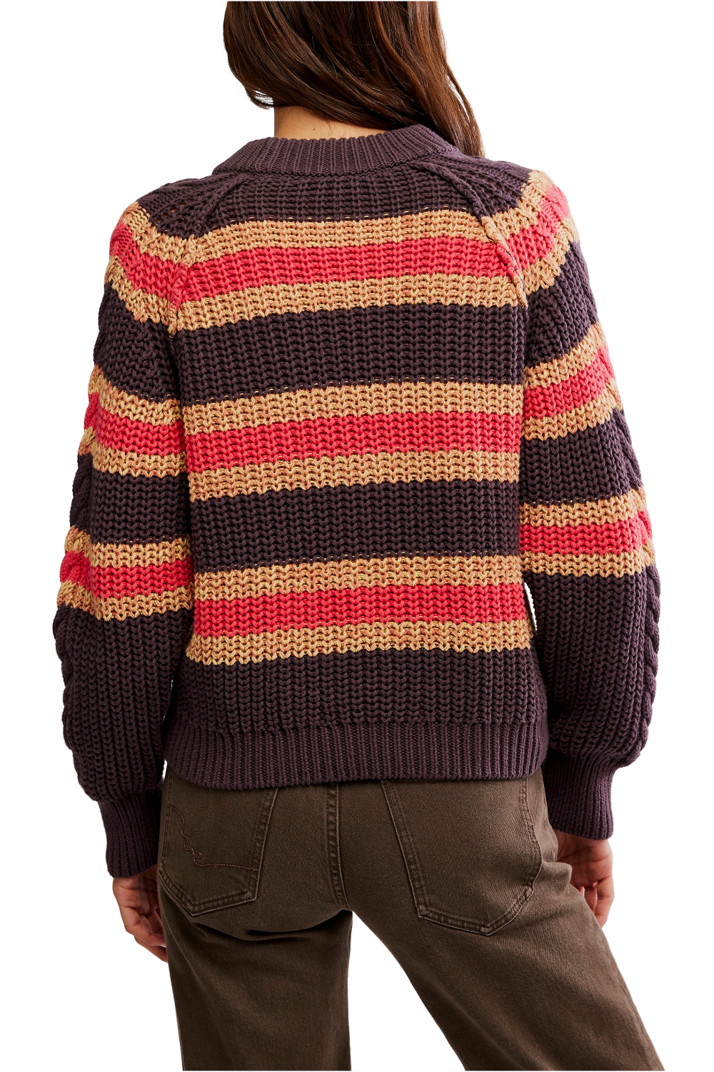 Free People Frankie Cable Striped Pullover Chocolate Combo