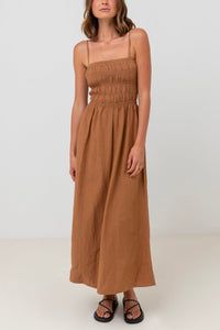 Rhythm Classic Shirred Midi Dress Caramel