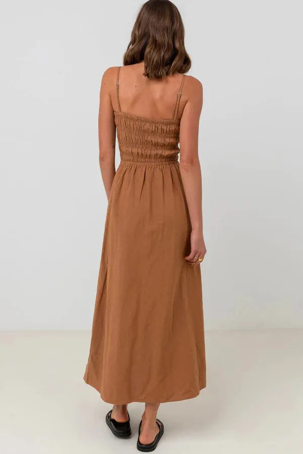 Rhythm Classic Shirred Midi Dress Caramel