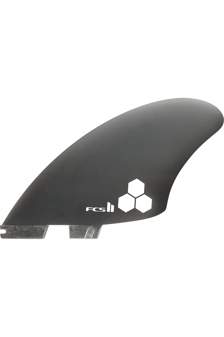  Black surfboard fin with the FCS II logo on it.