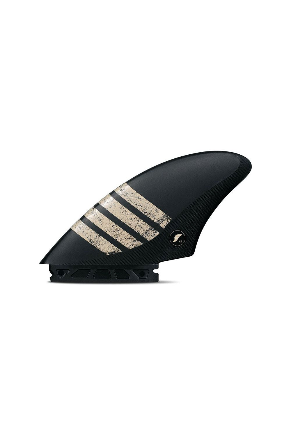 A black surfboard fin with beige stripes, featuring the Futures logo.