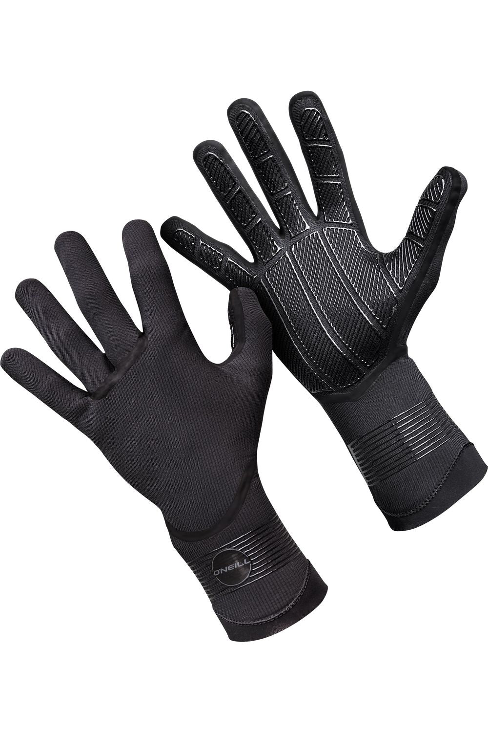 A pair of O'Neill Psycho Tech 1.5mm Gloves, black in colour with a textured grip pattern on the palms.
