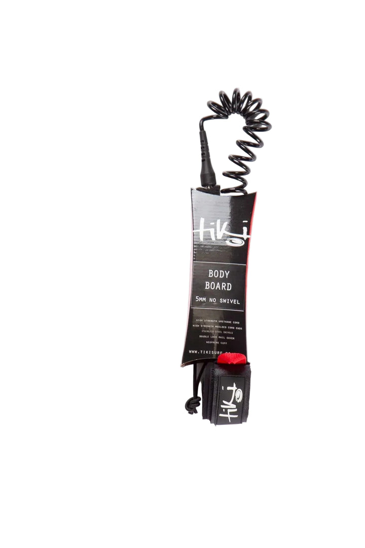 A black Tiki Coil 5mm bodyboard leash with a plug, displayed against a white background with packaging around it.
