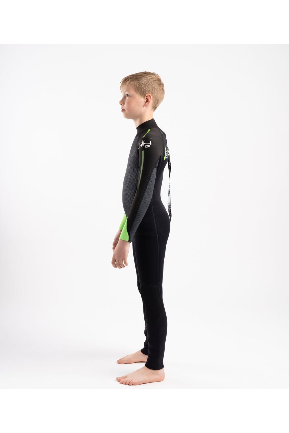 Tiki Tech Junior 3/2 Wetsuit With Back Zip in Black & Green