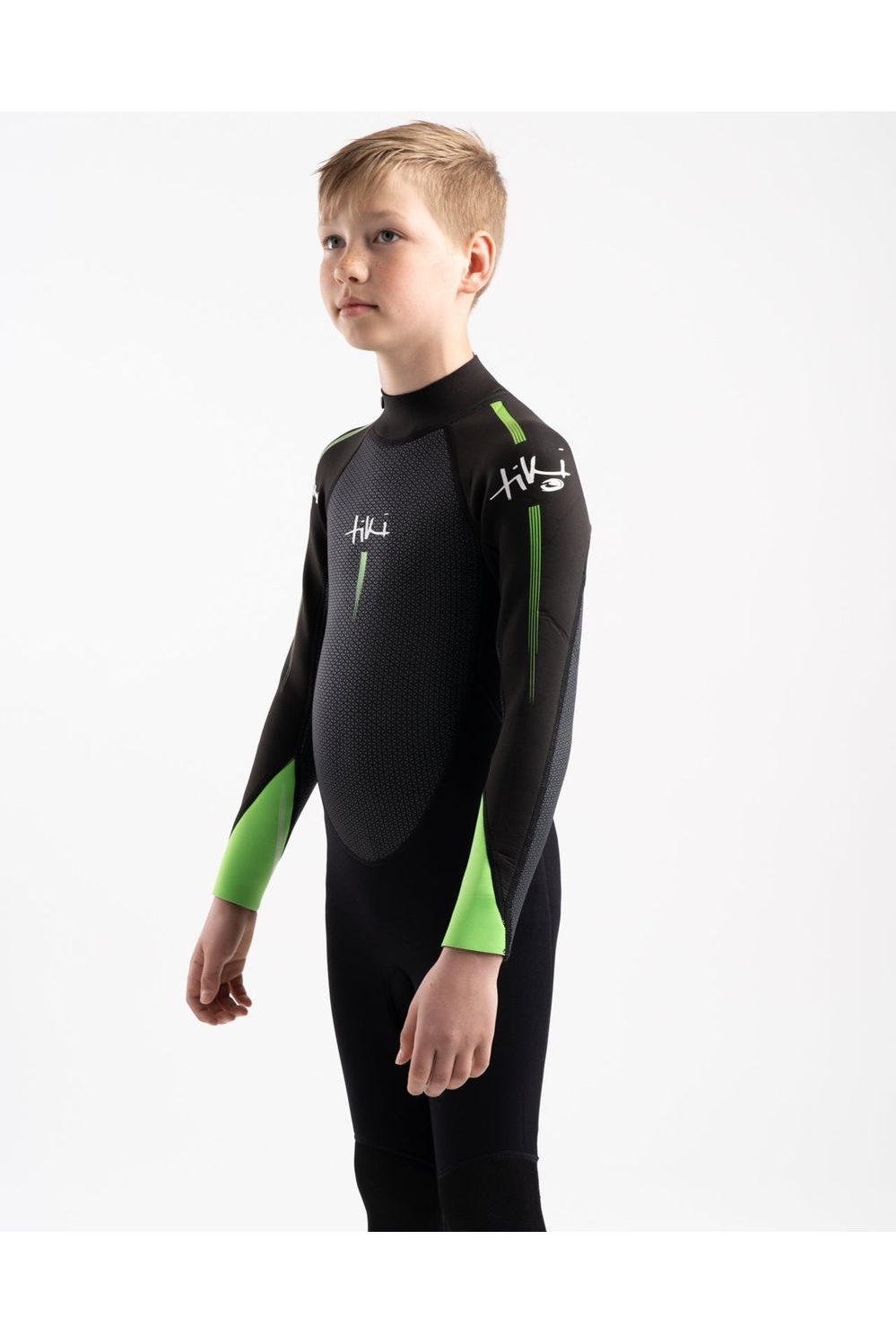 Tiki Tech Junior 3/2 Wetsuit With Back Zip in Black & Green