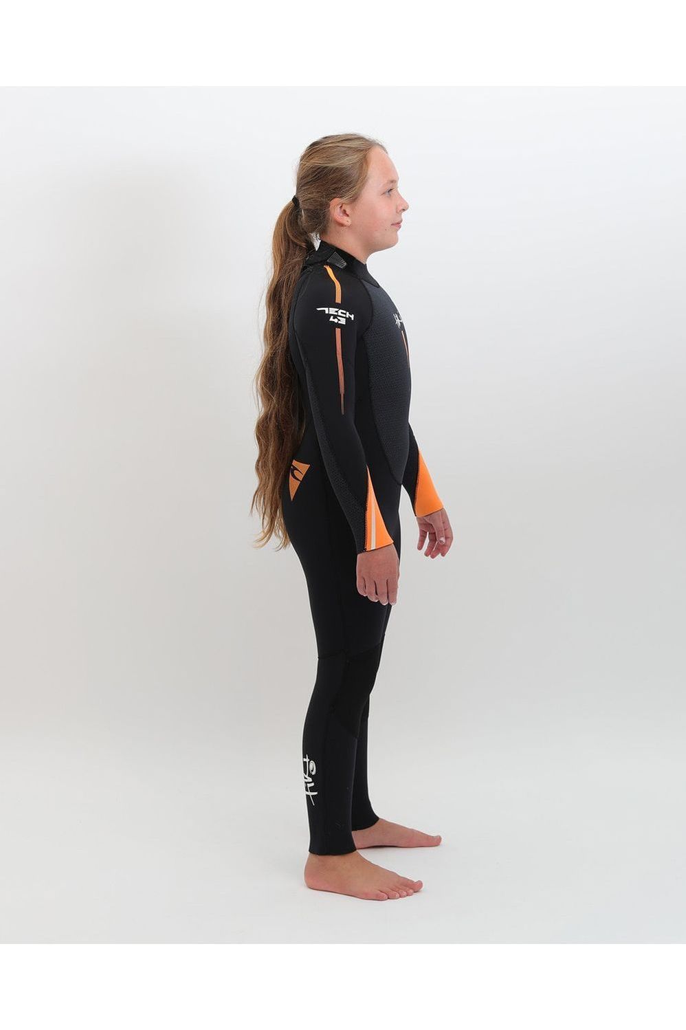 Tiki Junior Tech 4/3 Wetsuit GBS Steamer - Back Zip - Black/Orange